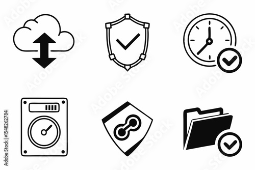 Cloud upload shield clock harddrive and folder icons on white