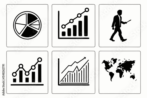 Graphs charts and world map for business isolated on white background