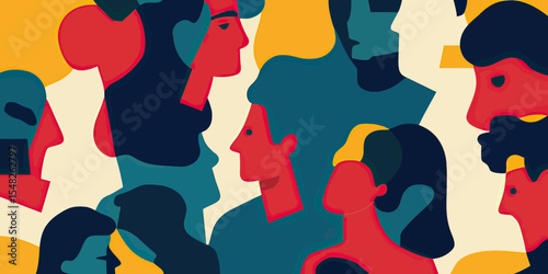 Abstract colorful faces seamless pattern with geometric shapes and minimalist flat vector style design for creative art projects and backgrounds