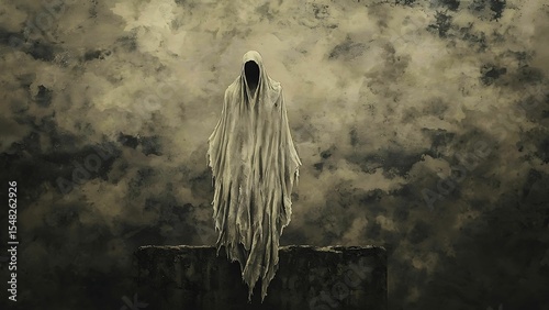 A mysterious figure draped in a ghostly shroud stands before a dramatic cloudy backdrop. The atmosphere is both ominous and intriguing.