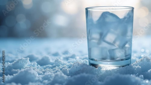 Glass of cold clear water with ice on table in clean setting