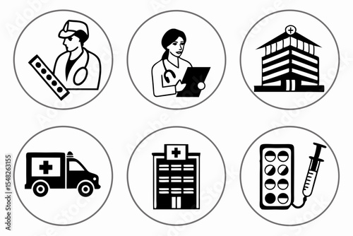 Medical staff and hospital icons isolated on white background