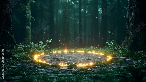 Mystical circle of light in a dense forest, shrouded in an aura of mystery. The scene captures the essence of nature's enchantment.
