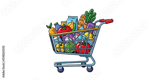 Full Shopping Cart of Groceries Fresh Produce, Dairy, and Pantry Staples