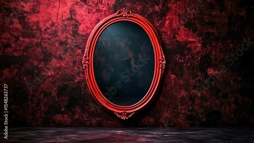 An antique oval mirror with a dark red ornate frame hangs against a textured crimson wall. The reflection is obscured, adding to the mysterious ambiance