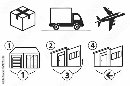 Illustrations of shipping methods isolated on white background