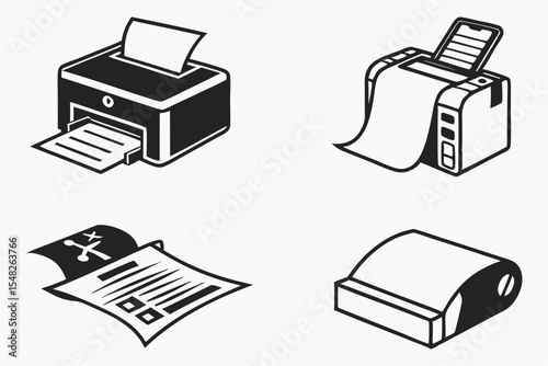 Illustrations of printers and documents isolated on white background