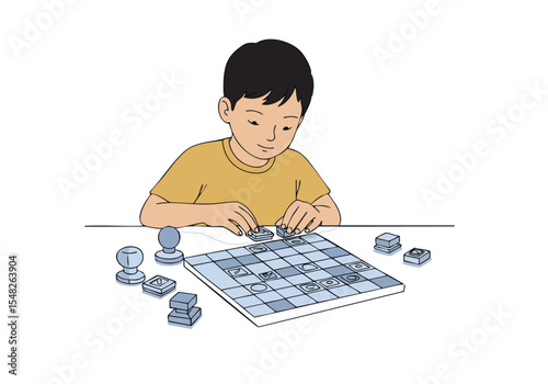 A young boy meticulously assembles a mosaic art project, focusing on geometric shapes. The scene is clean and modern, highlighting his concentration and creative process.