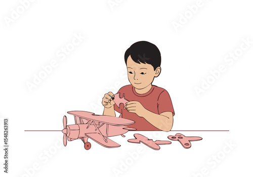 A young boy meticulously assembles a wooden airplane model, showcasing a focused activity. Clean lines and a soft color palette create a visually appealing and engaging illustration.