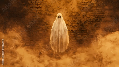 A spectral ghost floats in a smoky environment against a brick wall
