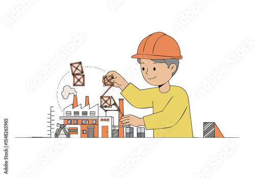 A young construction worker playfully builds a miniature factory with tools, showcasing engineering and design. Modern, clean illustration style.
