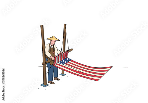 craftsman meticulously weaves an American flag showcasing pride and skill A vibrant detailed illustration evokes patriotism and heritage Suitable for diverse commercial applications