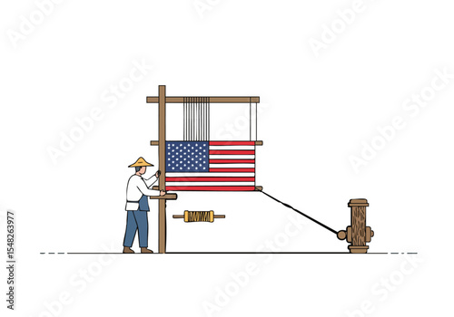 A craftsman weaves the American flag on a traditional loom. A serene scene of patriotic pride and skilled labor. Clean lines, muted colors, and a focus on detail.