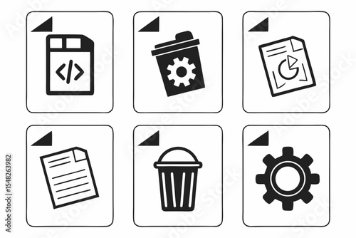 Collection of coding file trash bin and gear icons isolated on white