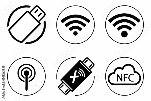 Set of usb wifi and nfc icons isolated on white background