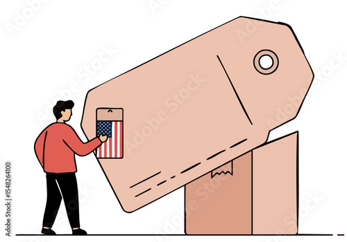 A man inspects a large price tag with a US flag, surrounded by shipping boxes. Illustrative, modern style. Perfect for e-commerce and logistics themes.