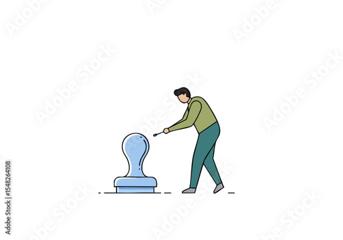 A man inspects a stamp with a brush, detailed illustration. Modern, clean design with a soft blue background. Perfect for business or design concepts.