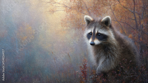 Illustration of a raccoon in the autumn forest.