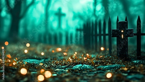 An eerie, foggy graveyard scene with gravestones and glowing orbs, evoking a sense of mystery and the supernatural