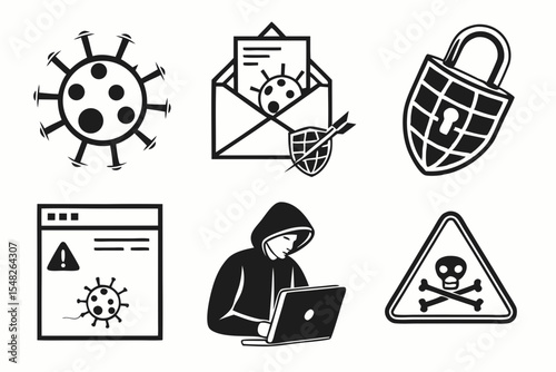 Cybersecurity and online threat icons isolated on white background
