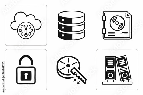 Data storage and security icons isolated on white background