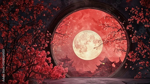 A stunning full moon surrounded by cherry blossom trees framing the scene