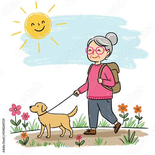 Active elderly woman walking dog in sunny park with flowers  