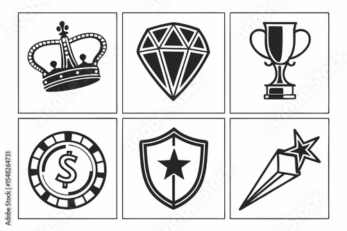 Crown diamond trophy chip shield and star isolated on white background