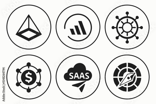 Saas dollar compass and ship wheel isolated on white background