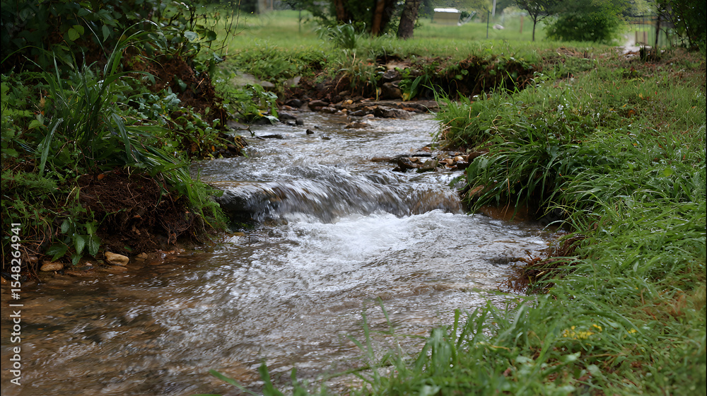 Fototapeta premium Water flowing across an Acre, A large land unit. through a small ditch or stream.