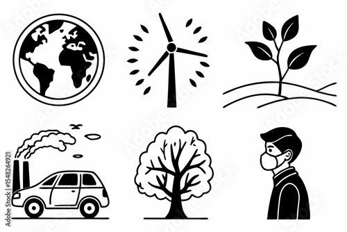 Environmental and health related icons represent global issues
