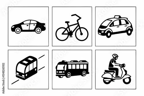 Various modes of transportation icons isolated on white background