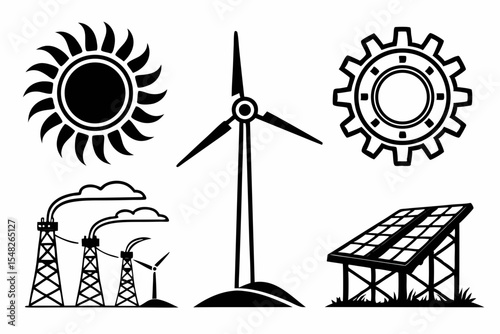 Renewable energy and industrial power sources isolated on white background