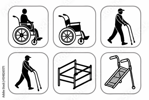 Disability and mobility assistance icons isolated on white background