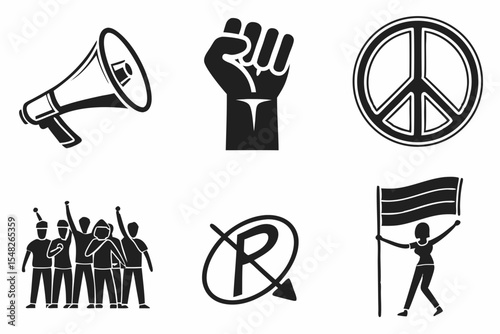 Symbols of protest and activism isolated on white background