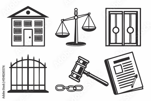 Symbols of law and justice isolated on white background