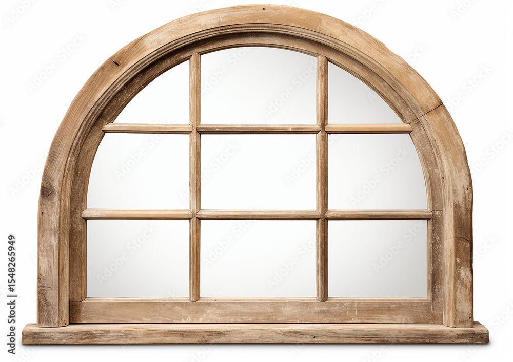 Obraz premium An arched wooden window with double-glazed panes against a white background