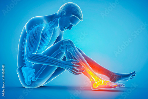 2D illustration human body with x ray , Ankle Pain 3D X-Ray Concept – Human Foot Bone Injury Medical Illustration