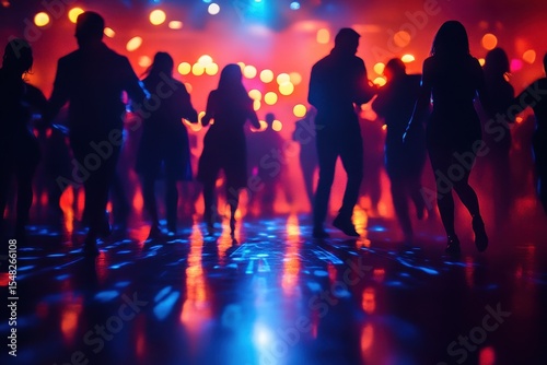 People dancing on a vibrant dance floor at a lively party during the evening with dynamic lighting effects creating an energetic atmosphere