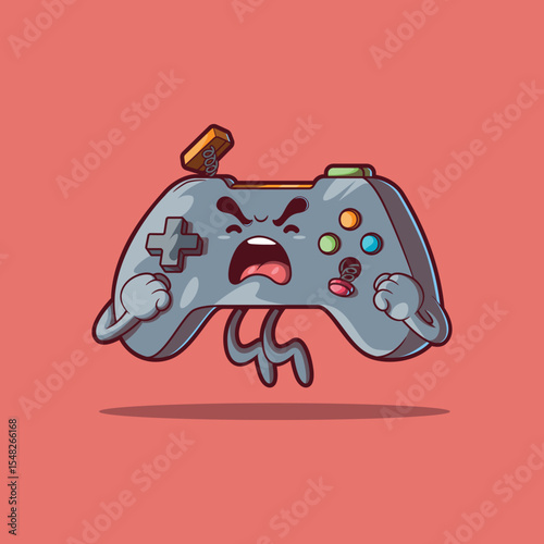Angry Gamer Controller Screaming with Broken Buttons vector illustration. Tech, mascot design concept.