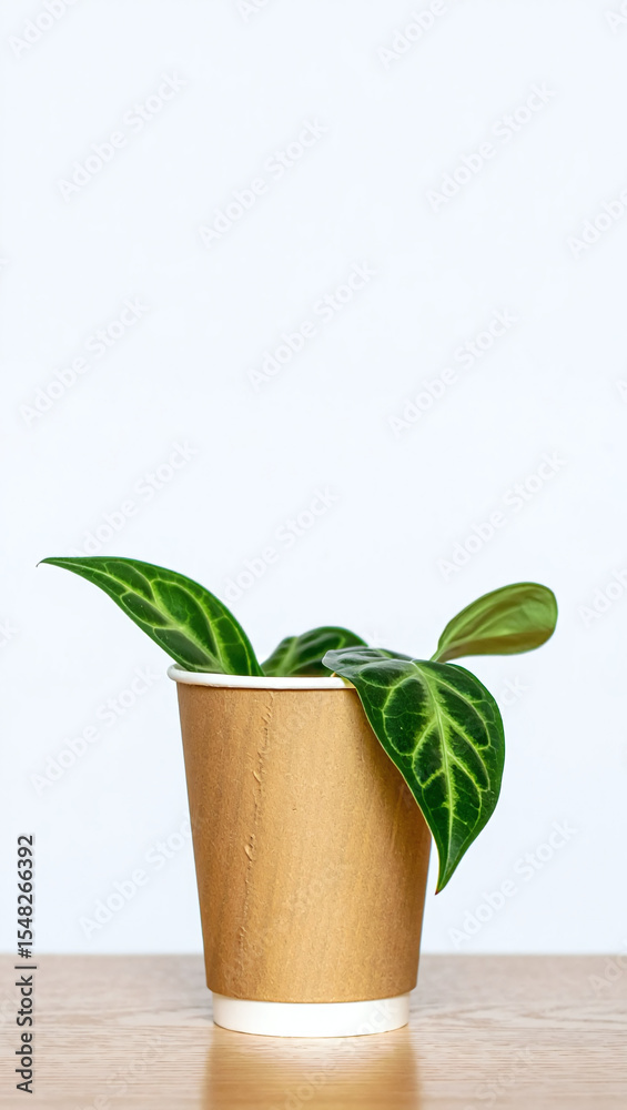 Fototapeta premium Vibrant Green Plant Sprouting from a Coffee Cup A Minimalist Still Life Photograph
