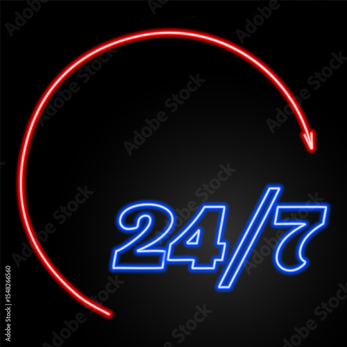 24 7 neon sign, modern glowing banner design, colorful modern design trends on black background. Vector illustration.