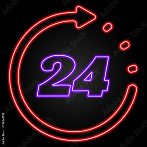 24 7 neon sign, modern glowing banner design, colorful modern design trends on black background. Vector illustration.