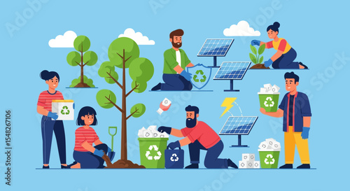 Sustainable Living People Planting Trees, Recycling, and Using Solar Energy