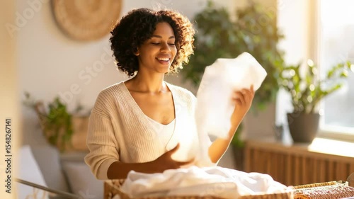 Smiling woman holds folded laundry in a bright room Sunlight streams through the window illuminating the cozy atmosphere The scene suggests domesticity comfort and simple joys