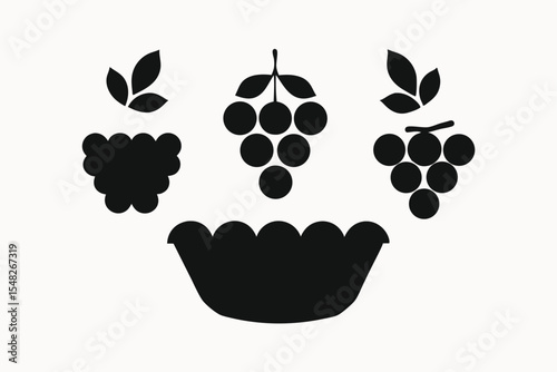 Silhouette Icons of Raspberries and Grapes in a Bowl Fresh Fruit Design Elements