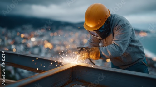 A Construction Worker Masterfully Welding Metal High Above the City at Dusk Showcasing Skill Precision and the Glow of Industry in a Stunning Silhouette