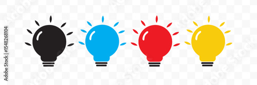 A set of light bulb icon on white background. Idea symbol. Electric lamp, light, innovation, solution, creative thinking, electricity. Outline, flat and colored style. Flat design.