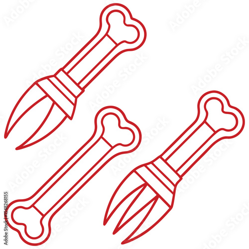 Stylized Bone Tools with Red Outline on a White Background, Halloween Concept
