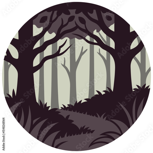 Stylized Forest Illustration in Dark Purple and Light Green Circular Composition